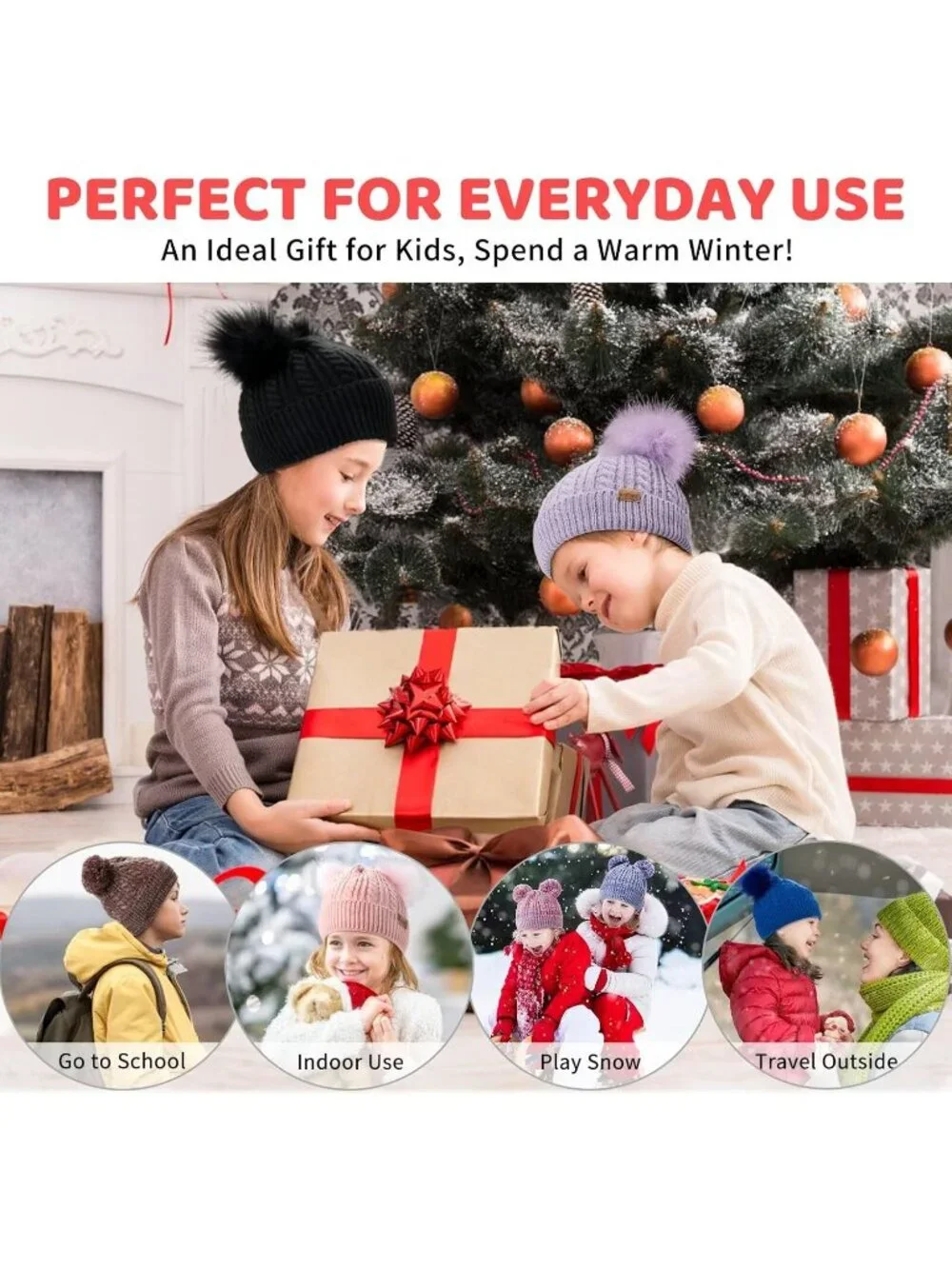 Women's Blue Elastic Birthday Winter Hats Kids Toddler Children Knit Fleece Cap